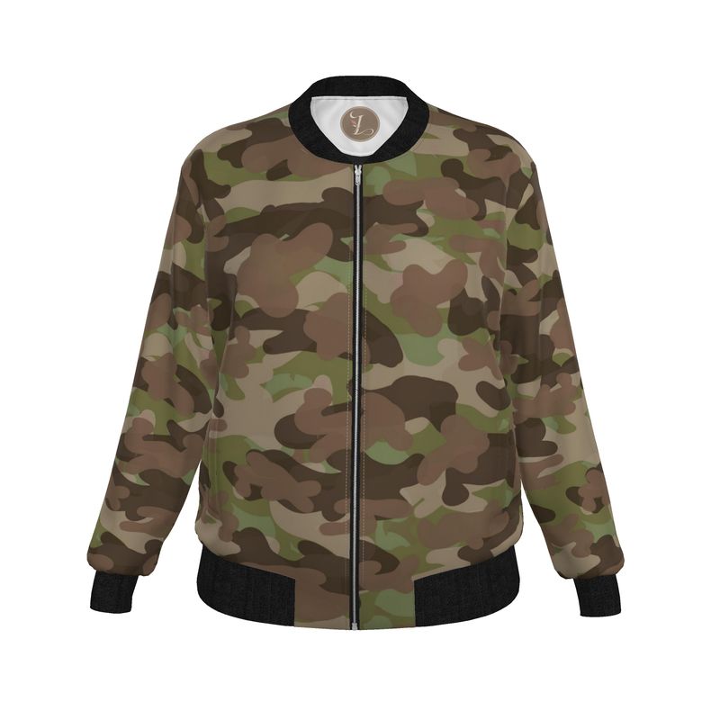 Women's bomber jacket with Fieldcraft olive, brown and beige camo and contrasting black ribbed trims.