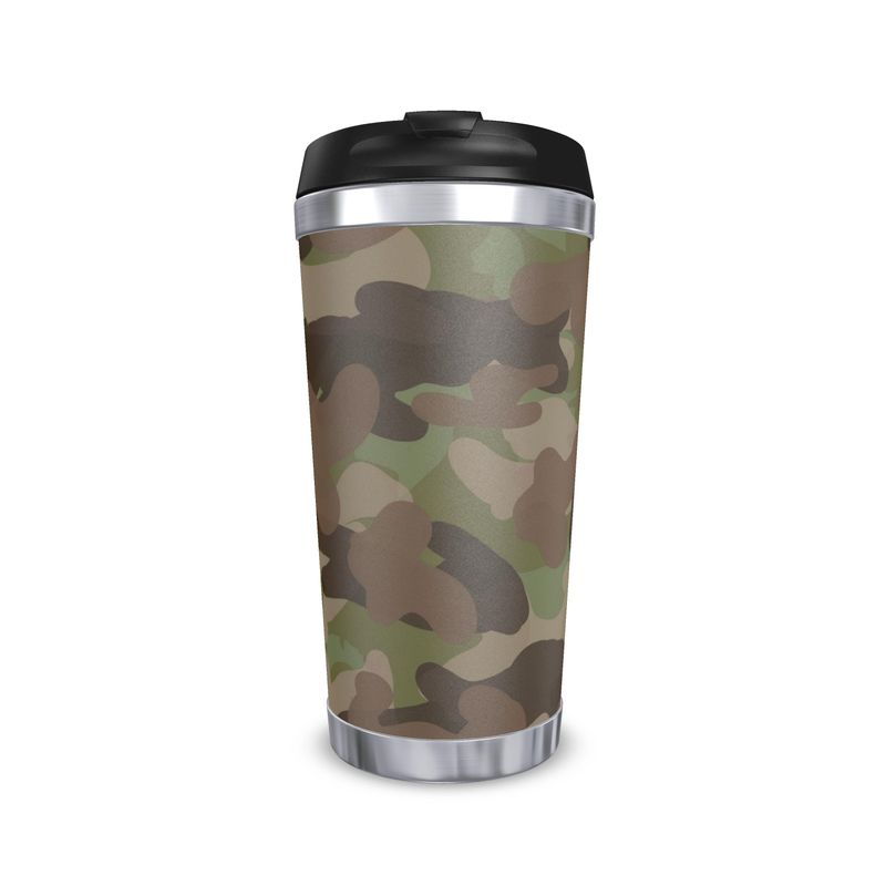 Fieldcraft camouflage travel mug with a black lid and silver-coloured trim.