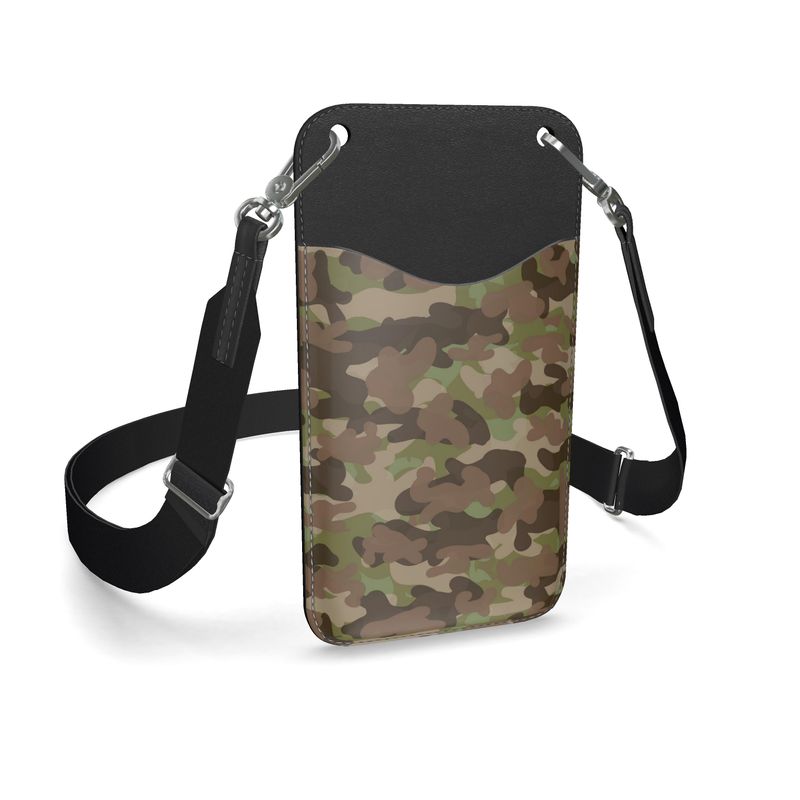 Fieldcraft camo leather phone case with a black back, long black strap and silver-coloured clips.